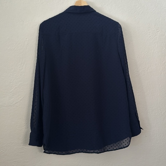 Talbots ClipDot Blue Sheer Sleeve Button Down Blouse Career Evening Petite Large - Picture 7 of 10